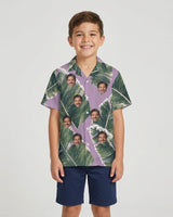 Snowy Banana Leaves Christmas Hawaiian Shirt with printed faces, worn by a child