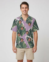 Snowy Banana Leaves Christmas Hawaiian Shirt with printed faces, worn by a man