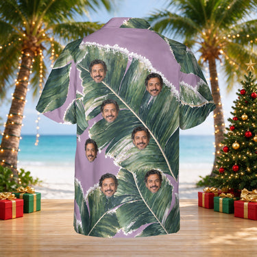 Snowy Banana Leaves custom Christmas Hawaiian shirt with photos, back view