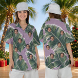Snowy Banana Leaves personalized Christmas Hawaiian shirt with faces worn by a woman, front and back