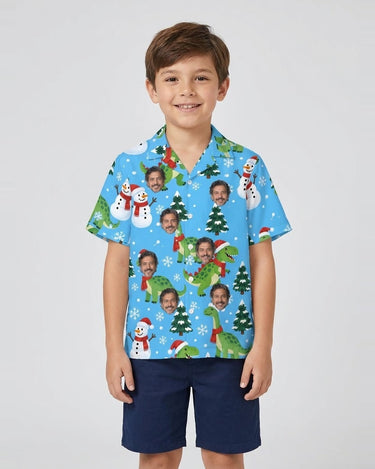Snowy Dinosaur Christmas Hawaiian Shirt with printed faces, worn by a child