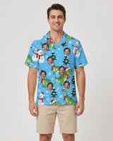 Snowy Dinosaur Christmas Hawaiian Shirt with printed faces, worn by a man