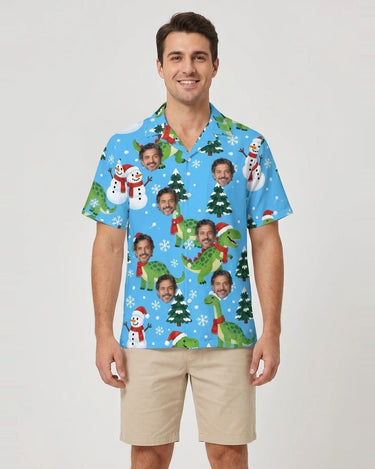 Snowy Dinosaur Christmas Hawaiian Shirt with printed faces, worn by a man