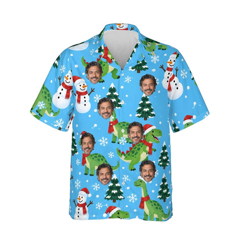 Snowy Dinosaur Christmas Hawaiian Shirt personalized with printed faces, front view
