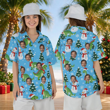 Woman wearing the Snowy Dinosaur Christmas Hawaiian Shirt with custom faces, front and back view