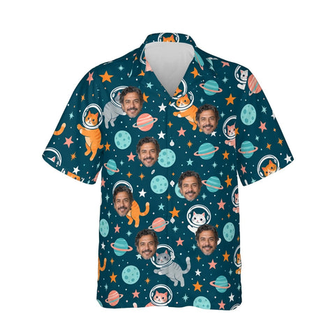 Space Cats Sci-Fi Hawaiian Shirt personalized with printed faces, front view