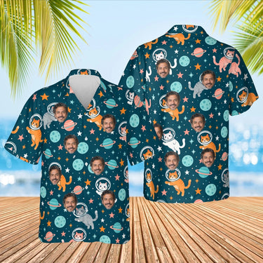 Space Cats Sci-Fi Hawaiian Shirt with custom faces, front and back