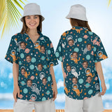 Woman wearing the Space Cats Sci-Fi Hawaiian Shirt with custom faces, front and back view