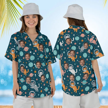 Woman wearing the Space Cats Sci-Fi Hawaiian Shirt with custom faces, front and back view