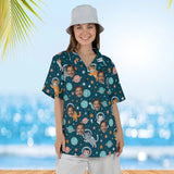 Woman wearing the Space Cats Sci-Fi Hawaiian Shirt with custom faces