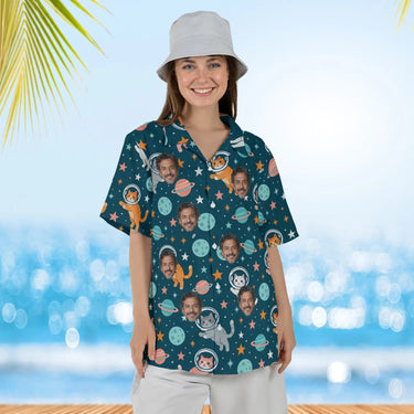 Woman wearing the Space Cats Sci-Fi Hawaiian Shirt with custom faces