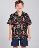 Spider Web Lace Goth Hawaiian Shirt with printed faces, worn by a child