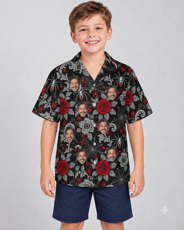 Spider Web Lace Goth Hawaiian Shirt with printed faces, worn by a child