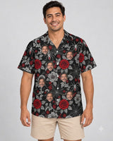 Spider Web Lace Goth Hawaiian Shirt with printed faces, worn by a man