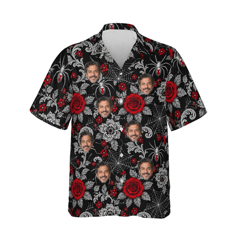 Spider Web Lace Goth Hawaiian Shirt personalized with printed faces, front view