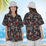 Woman wearing the Spider Web Lace Goth Hawaiian Shirt with custom faces, front and back view