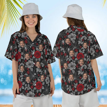 Woman wearing the Spider Web Lace Goth Hawaiian Shirt with custom faces, front and back view