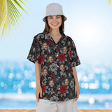 Woman wearing the Spider Web Lace Goth Hawaiian Shirt with custom faces