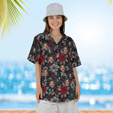 Woman wearing the Spider Web Lace Goth Hawaiian Shirt with custom faces