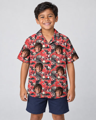 Spooky Bat Halloween Hawaiian shirt with printed faces, worn by a child