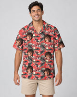 Spooky Bat Halloween Hawaiian shirt with printed faces, worn by a man