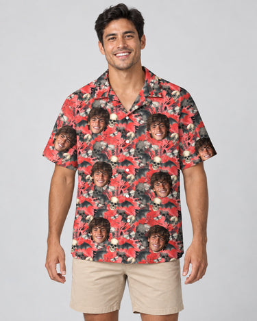 Spooky Bat Halloween Hawaiian shirt with printed faces, worn by a man