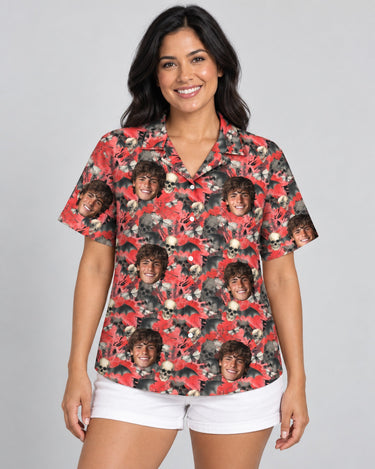 Spooky Bat Halloween Hawaiian shirt with printed faces, worn by a woman