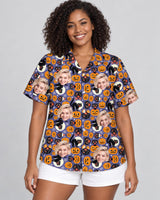 Spooky Kitty Halloween Hawaiian shirt with printed faces, worn by a woman