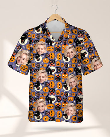 Spooky Kitty Halloween personalized Hawaiian shirt printed with customer faces