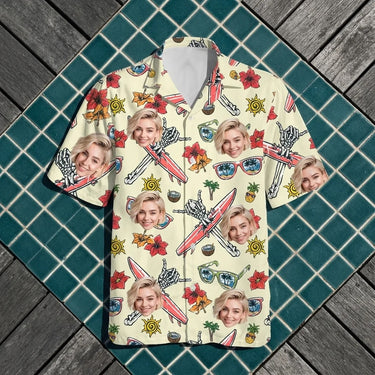 Spooky Surf Skull custom Hawaiian shirt with photos, example 1