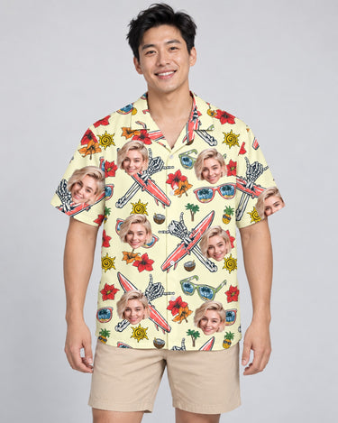 Spooky Surf Skull Hawaiian shirt with printed faces, worn by a man