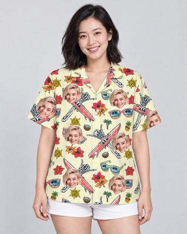 Spooky Surf Skull Hawaiian shirt with printed faces, worn by a woman