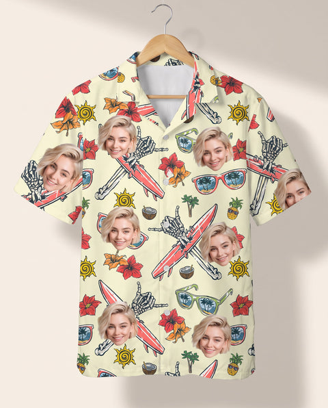 Spooky Surf Skull personalized Hawaiian shirt printed with customer faces