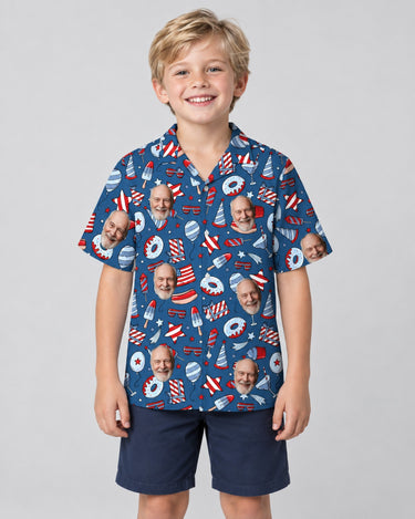 Star-Spangled Summer USA Hawaiian shirt with printed faces, worn by a child