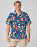 Star-Spangled Summer USA Hawaiian shirt with printed faces, worn by a man