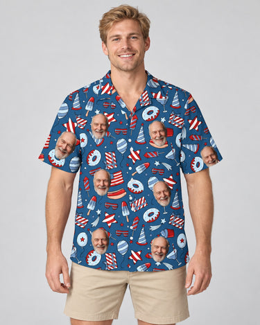 Star-Spangled Summer USA Hawaiian shirt with printed faces, worn by a man