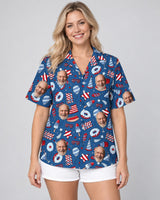 Star-Spangled Summer USA Hawaiian shirt with printed faces, worn by a woman