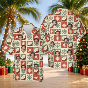 Starlit Coconuts custom Christmas Hawaiian shirt with faces, front and back