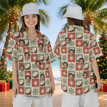 Starlit Coconuts personalized Christmas Hawaiian shirt with faces worn by a woman, front and back