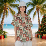 Starlit Coconuts Christmas Hawaiian shirt with printed faces worn by a woman, front view
