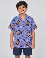 Stars and Hearts USA Party Hawaiian shirt with printed faces, worn by a child