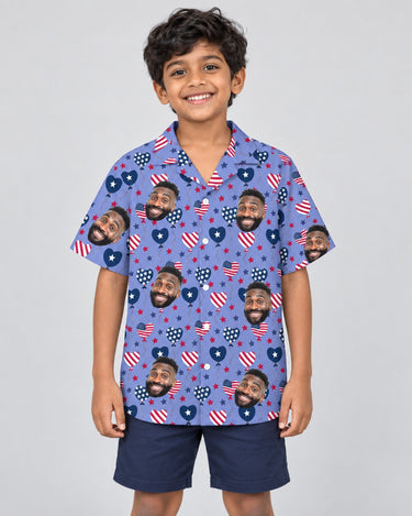 Stars and Hearts USA Party Hawaiian shirt with printed faces, worn by a child