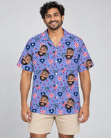 Stars and Hearts USA Party Hawaiian shirt with printed faces, worn by a man