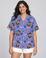 Stars and Hearts USA Party Hawaiian shirt with printed faces, worn by a woman