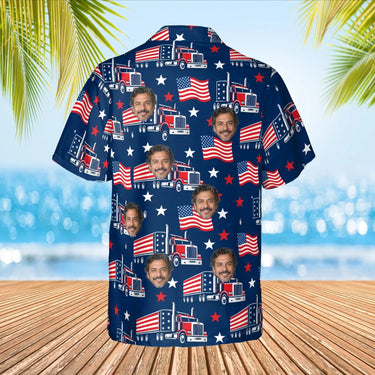 Stars & Stripes Trucker Hawaiian Shirt with custom faces, back view
