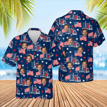 Stars & Stripes Trucker Hawaiian Shirt with custom faces, front and back