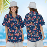 Woman wearing the Stars & Stripes Trucker Hawaiian Shirt with custom faces, front and back view
