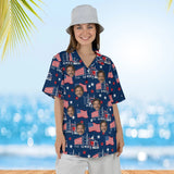 Woman wearing the Stars & Stripes Trucker Hawaiian Shirt with custom faces