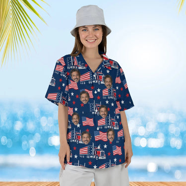 Woman wearing the Stars & Stripes Trucker Hawaiian Shirt with custom faces