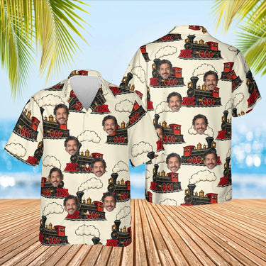 Steam Locomotive Train Hawaiian Shirt with custom faces, front and back